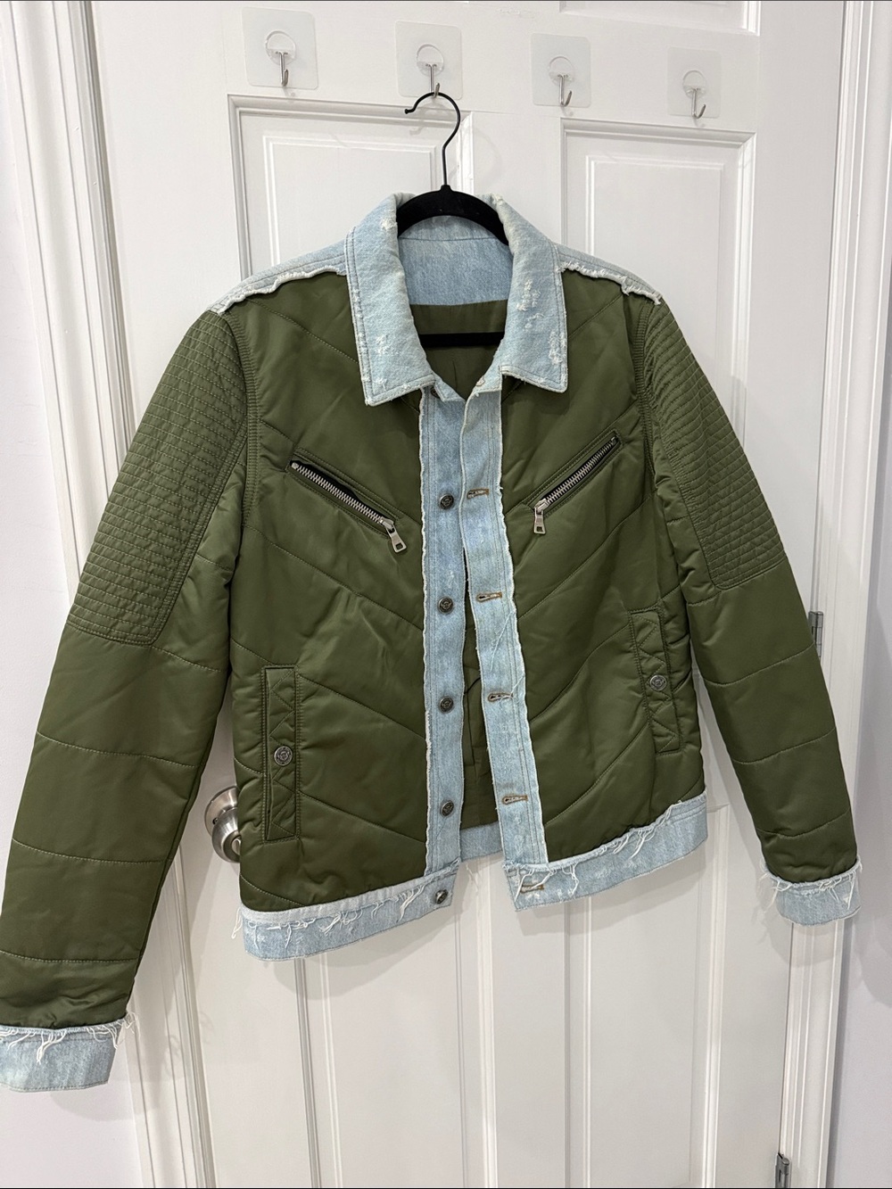 Balmain Olive Green Quilted Bomber with Light Denim Trim
